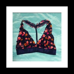 PINK flowered blue bralette with adjustable strap in back